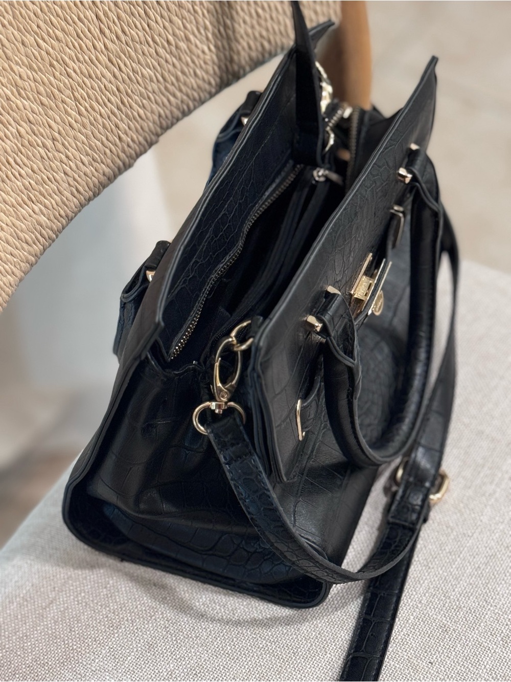 VINTAGE BEBE Black Croc-Embossed Tote Handbag with Gold Hardware